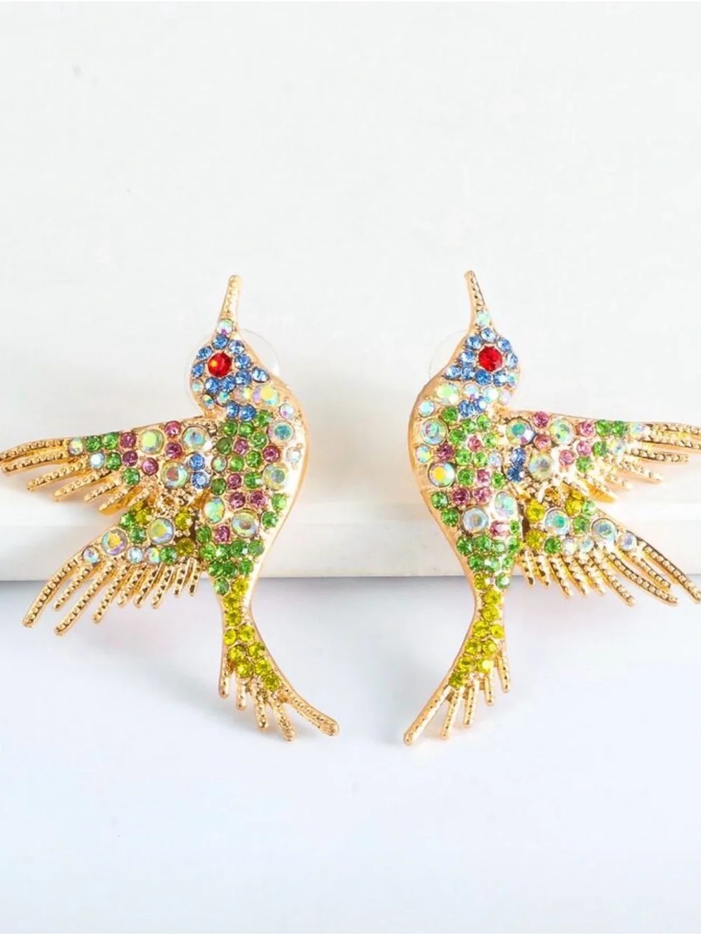 Gold-Tone Multicolor Crystal Hummingbird Earring - Unbranded